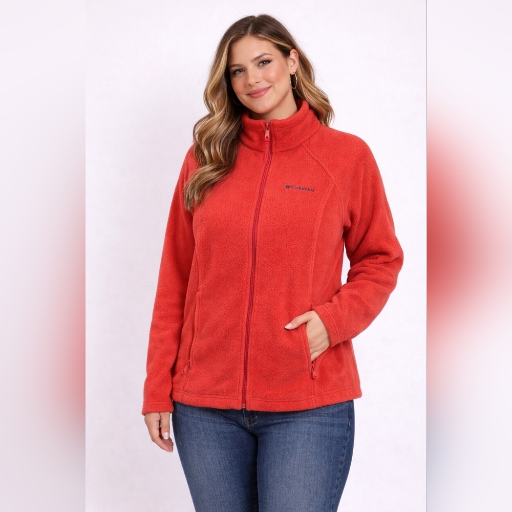 Columbia Size M Red Pink Fleece Jacket Full Zip Lightweight Outdoor Coat #65